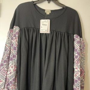 Baea Womens Black Mixed Print Sleeve Waffle Knit Blouse Top Size Medium